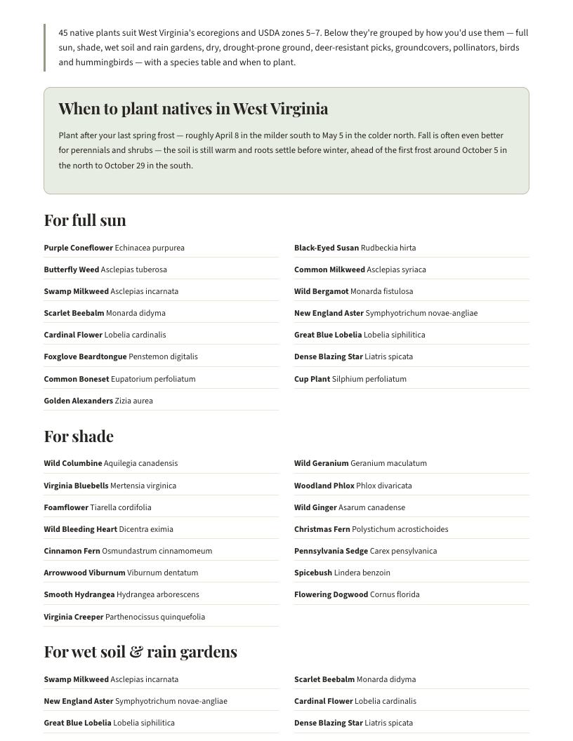 A page from Native Plants of West Virginia: When to plant natives in West Virginia
