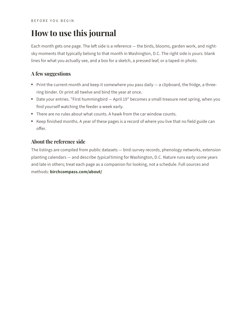A page from The Washington, D.C. Nature Journal: Washington, D.C.: How to use this journal