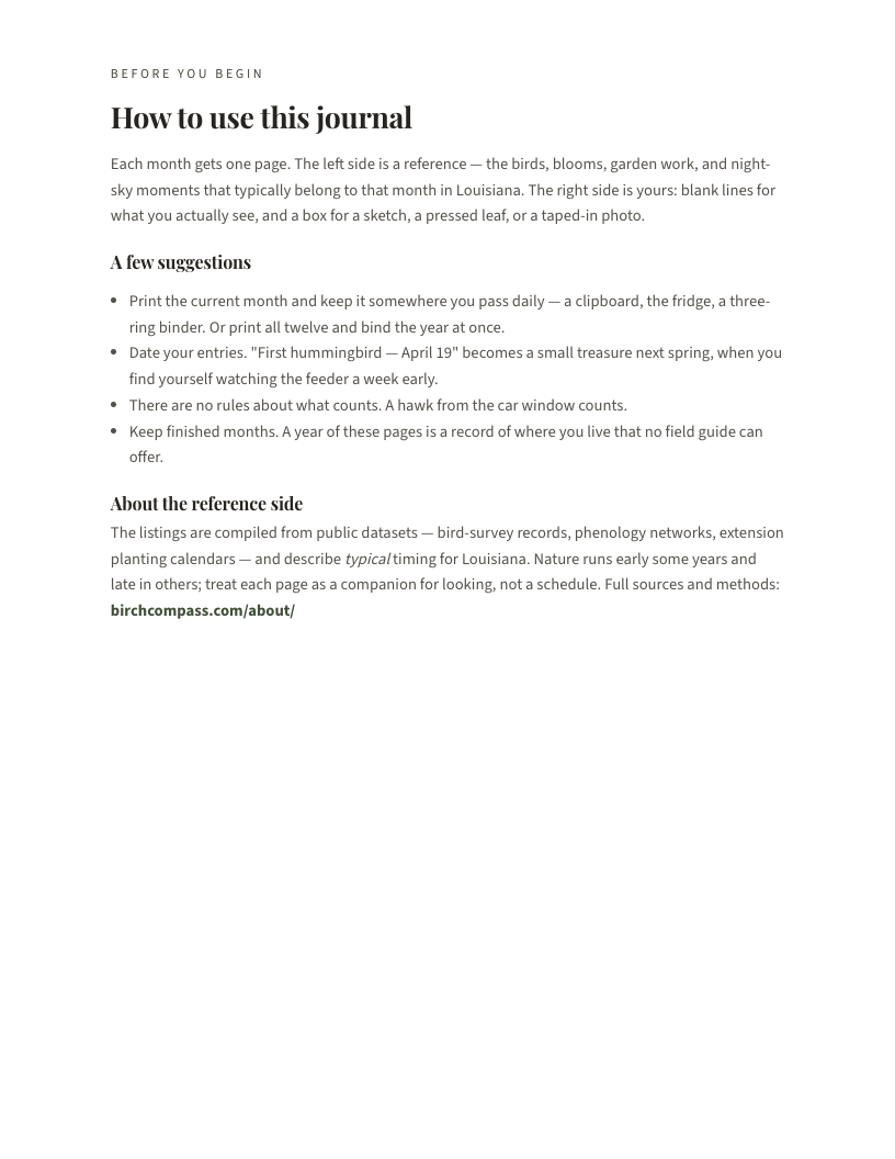 A page from The Louisiana Nature Journal: Louisiana: How to use this journal