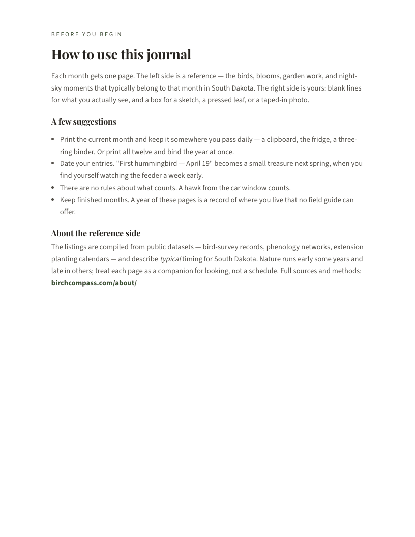 A page from The South Dakota Nature Journal: South Dakota: How to use this journal