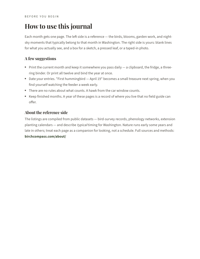 A page from The Washington Nature Journal: Washington: How to use this journal