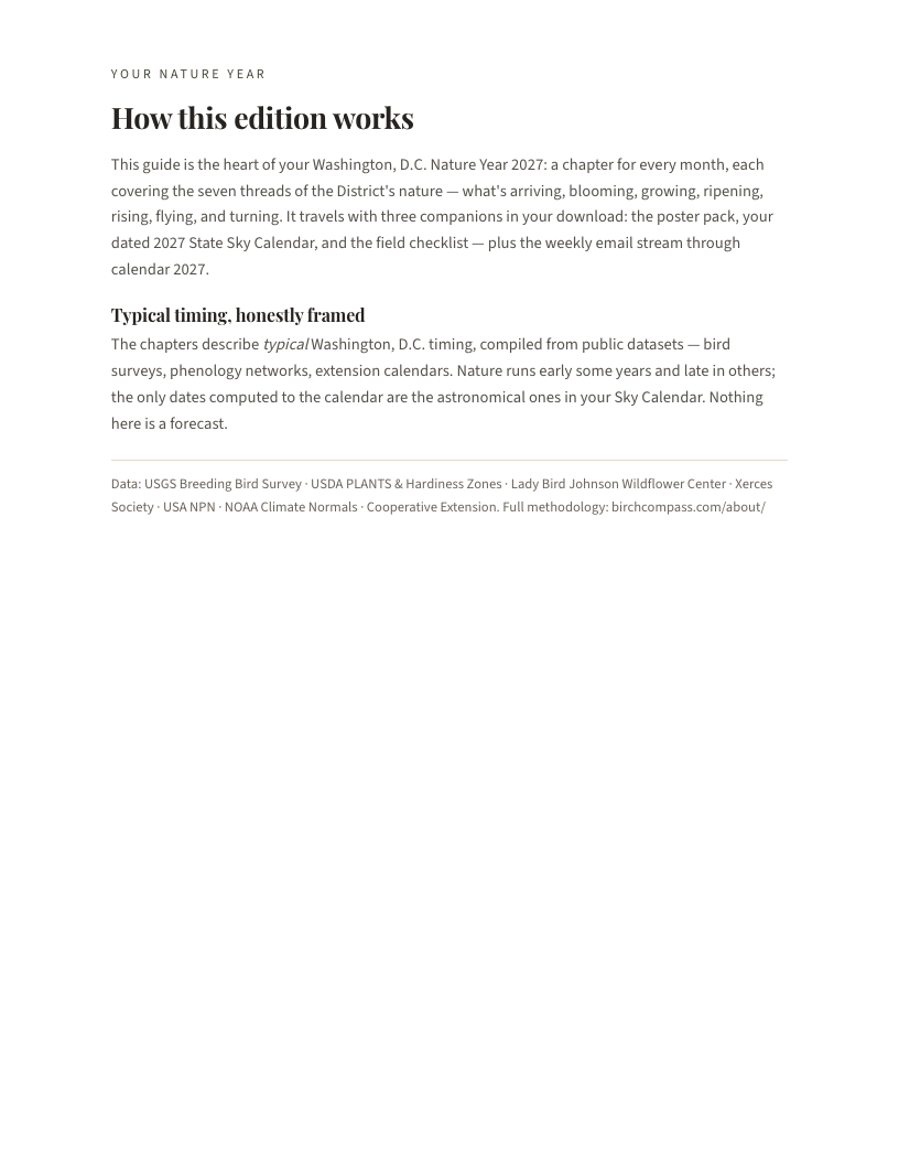 A page from Washington, D.C. Nature Year 2027: Washington, D.C.: How this edition works