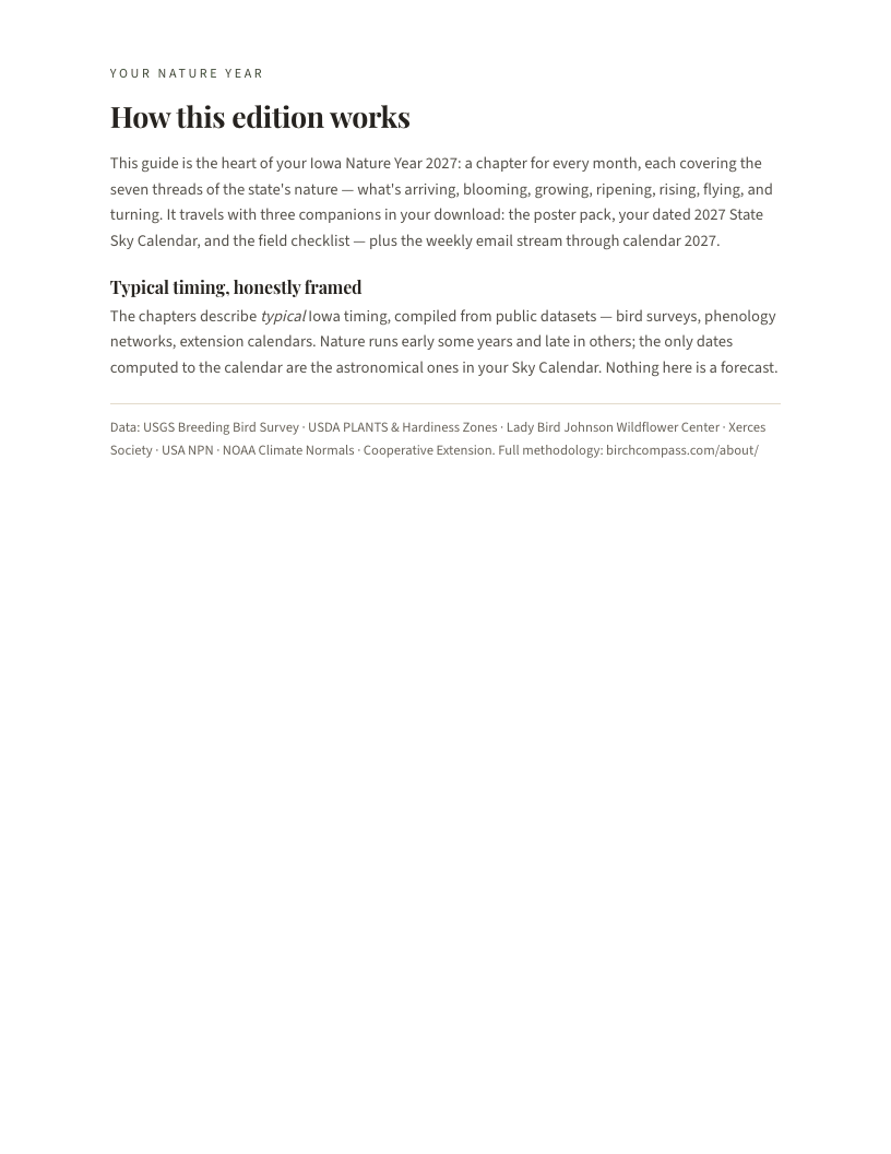 A page from Iowa Nature Year 2027: Iowa: How this edition works