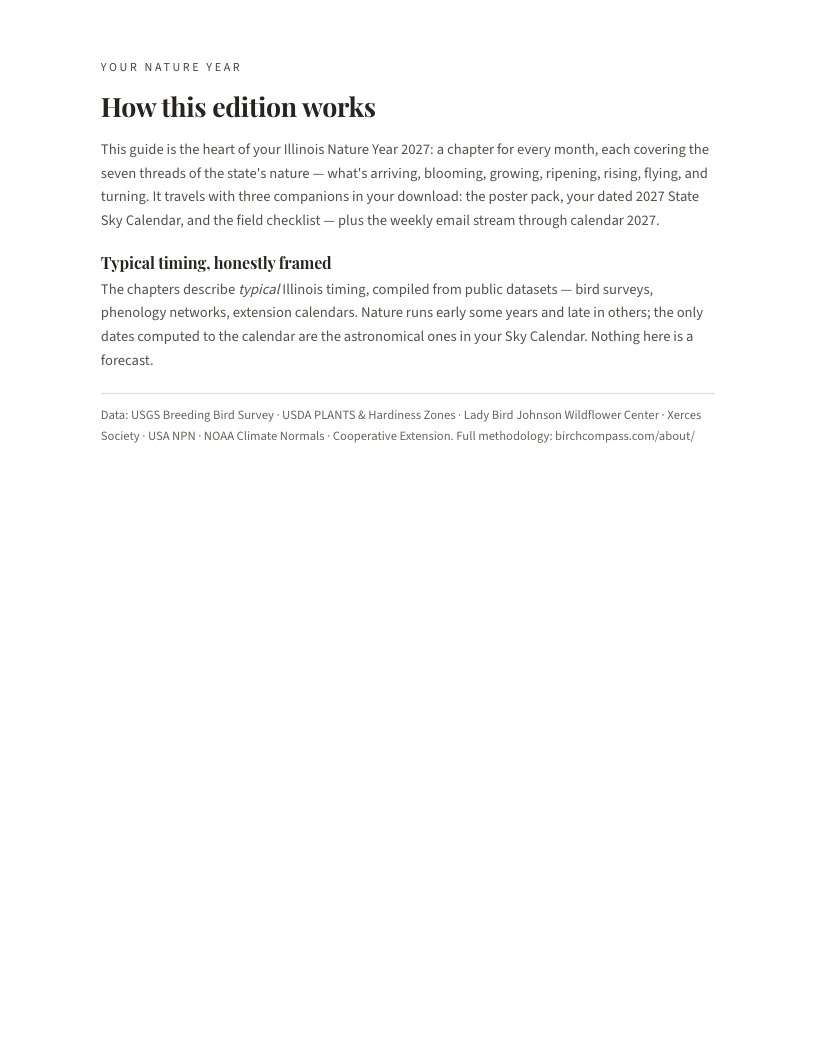 A page from Illinois Nature Year 2027: Illinois: How this edition works