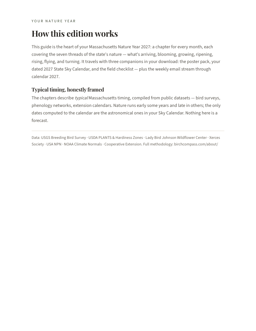A page from Massachusetts Nature Year 2027: Massachusetts: How this edition works