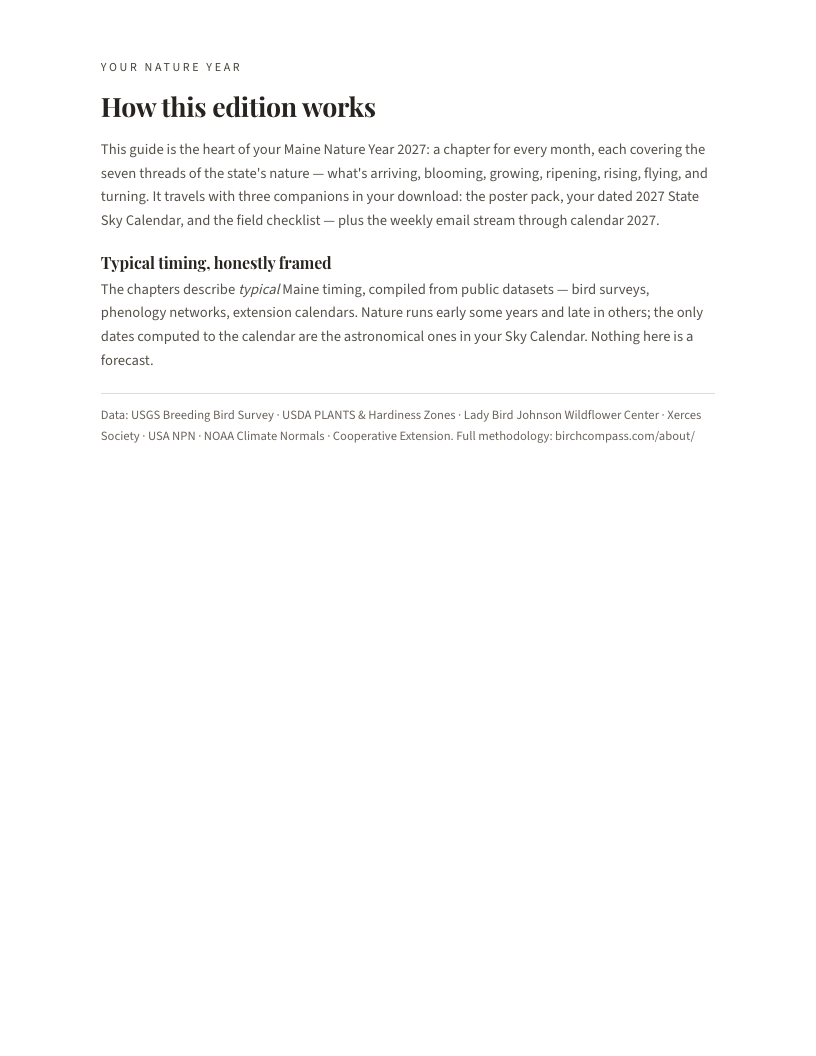A page from Maine Nature Year 2027: Maine: How this edition works