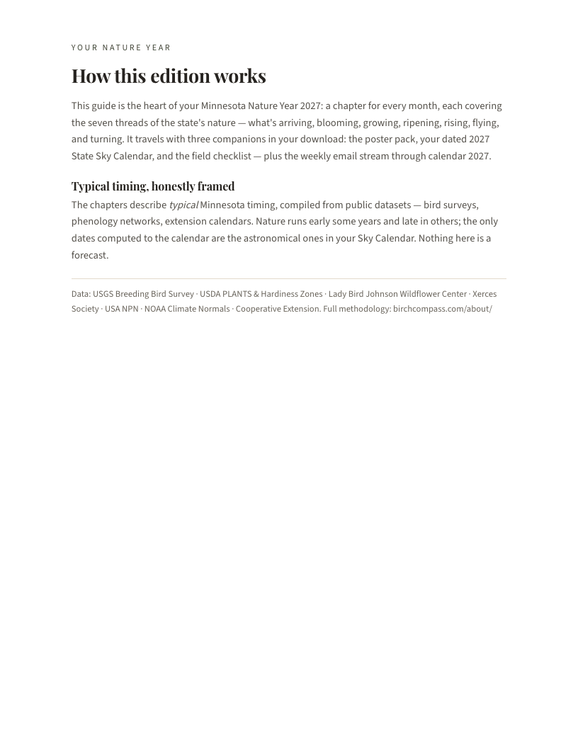 A page from Minnesota Nature Year 2027: Minnesota: How this edition works