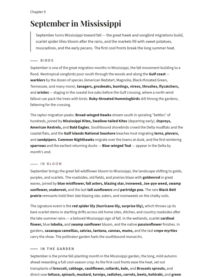 A page from Mississippi Nature Year 2027: September in Mississippi