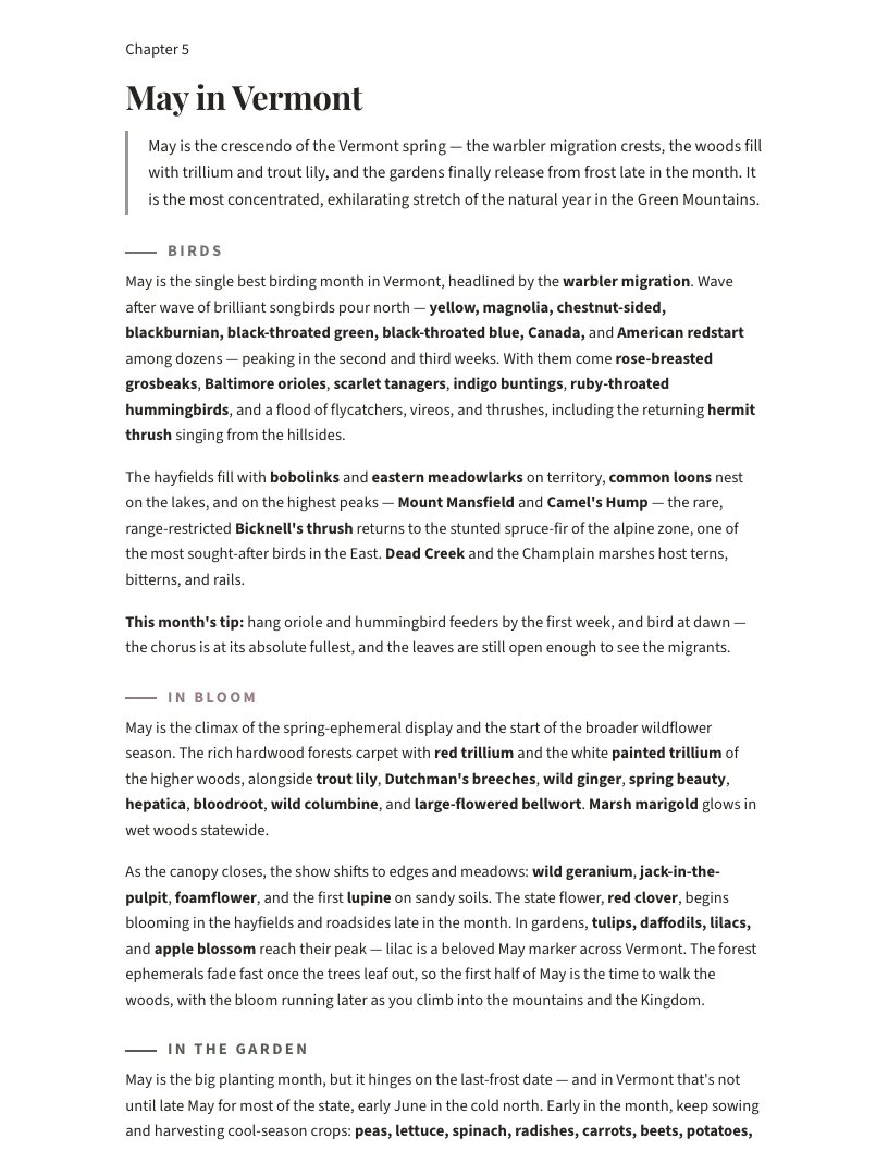A page from Vermont Nature Year 2027: May in Vermont