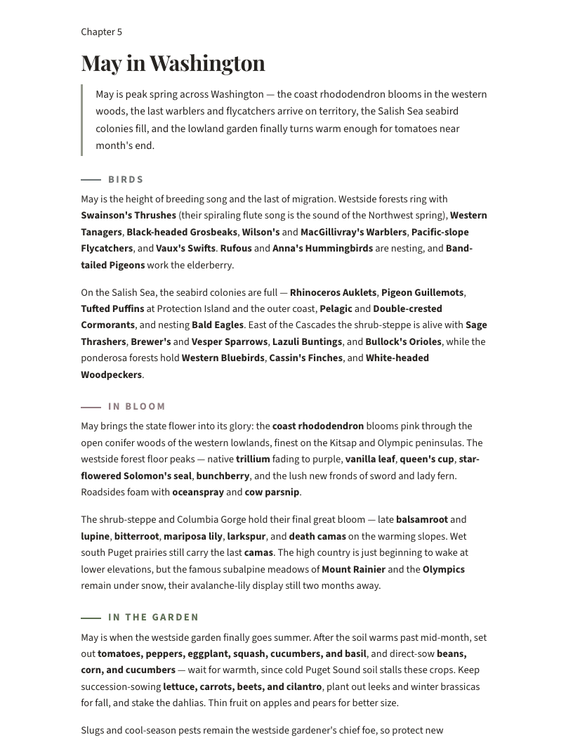 A page from Washington Nature Year 2027: May in Washington