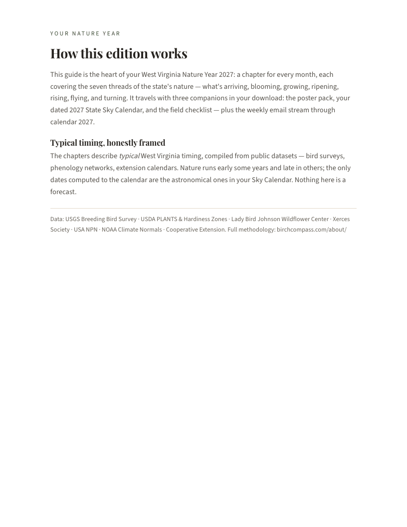 A page from West Virginia Nature Year 2027: West Virginia: How this edition works