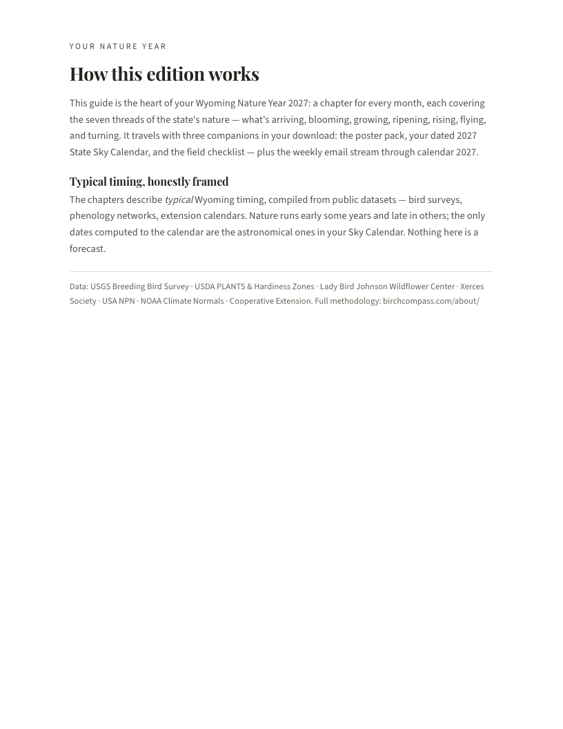 A page from Wyoming Nature Year 2027: Wyoming: How this edition works
